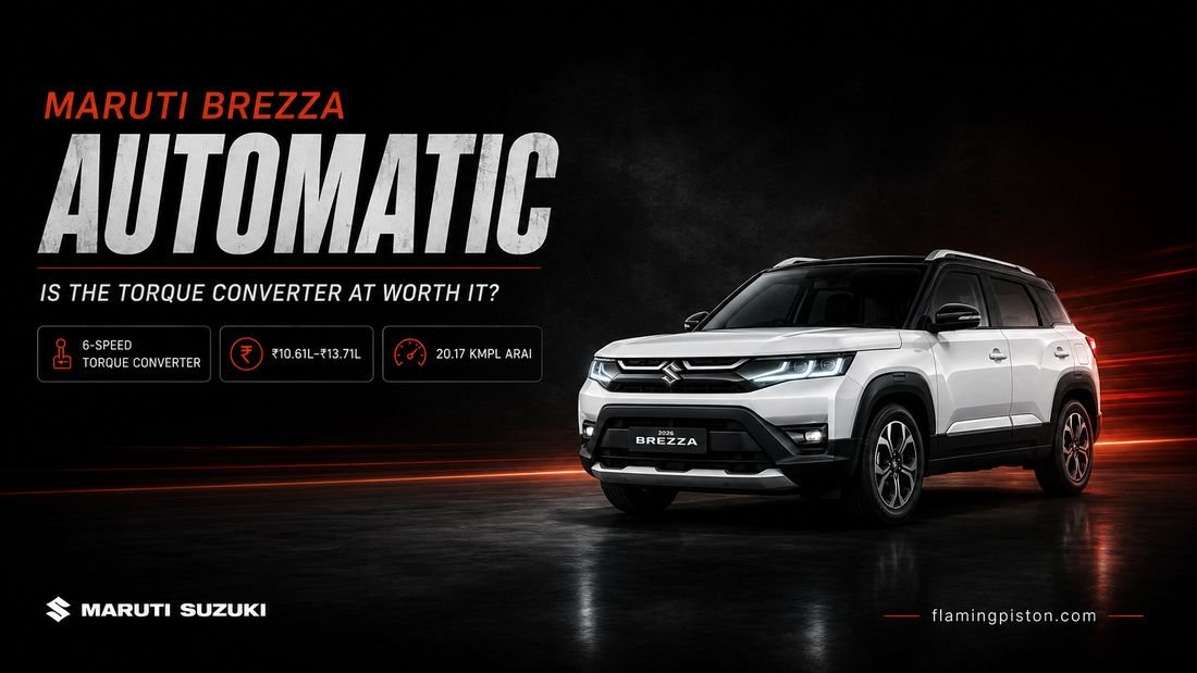 2026 Maruti Brezza Automatic, branded graphic with 6-speed torque converter, price, and mileage badges