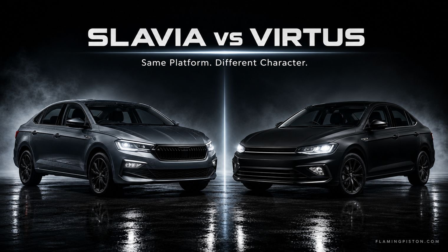 Skoda Slavia facelift in grey and Volkswagen Virtus in black, side by side studio shot, 'Slavia vs Virtus: Same Platform. Different Character.'